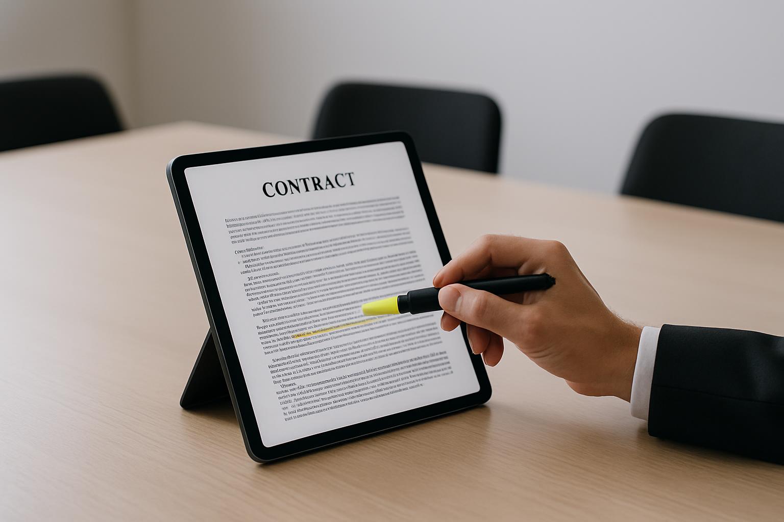 Tabela com texto em branco relevante ao contrato que um indivíduo está enunciando e sublinhando, em uma sala de conferências.