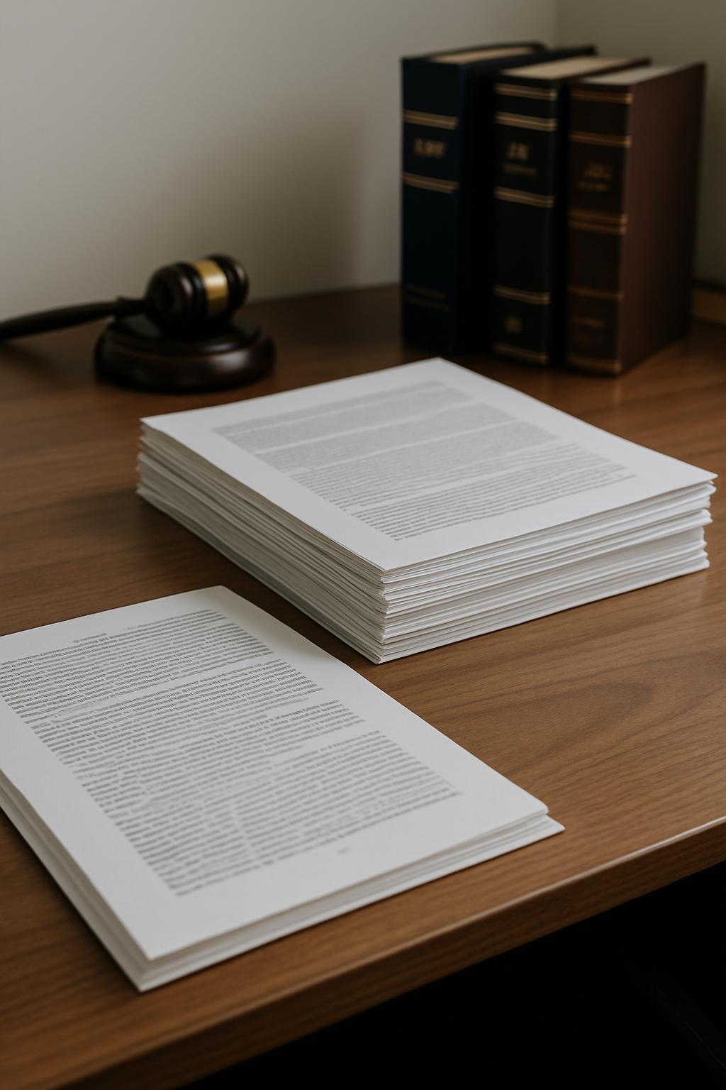 Livros de estudo e caderno na mesa de trabalho do advogado.